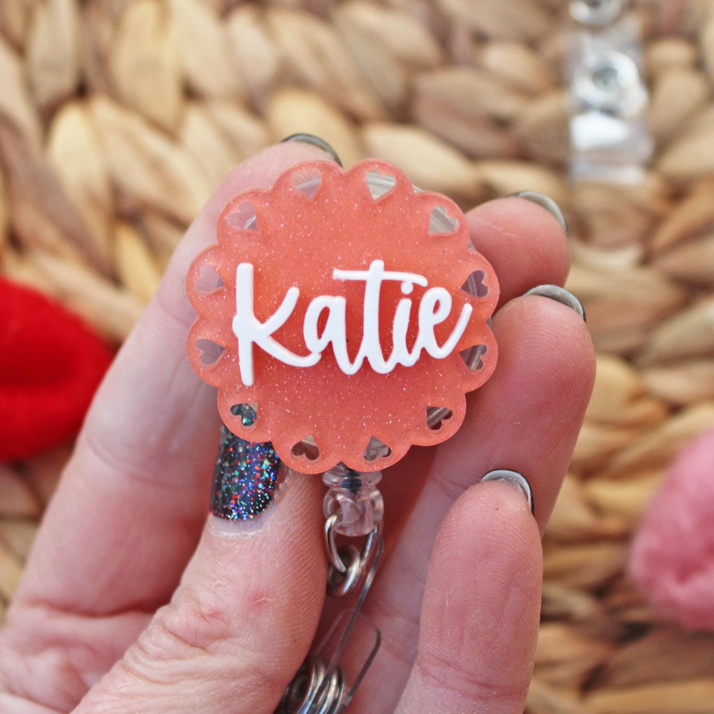 Name Badge Reel- Scallop Heart
