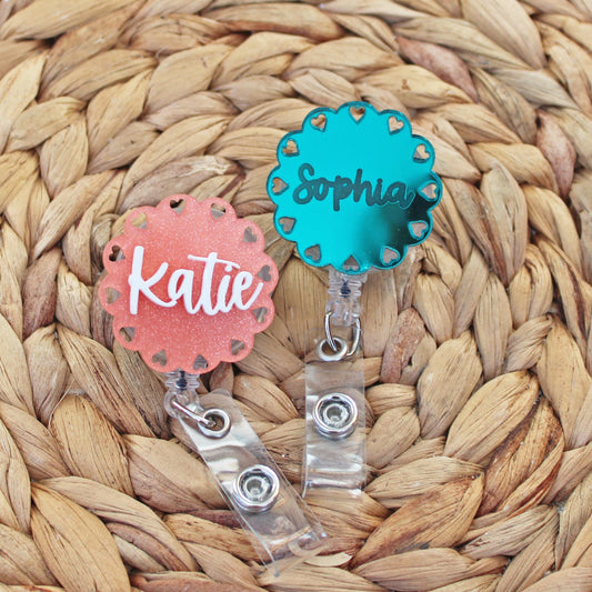 Name Badge Reel- Scallop Heart